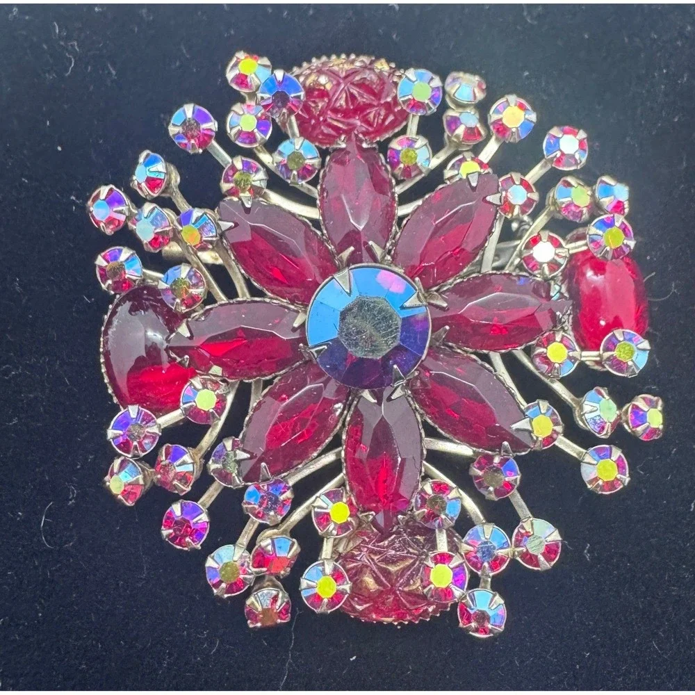 Vintage Red AB Rhinestone Starburst Brooch Silver Tone Floral Pin 2.25 Inch